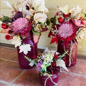 Mason jars. Set of 3. All hand painted, sola wood flowers & faux floral